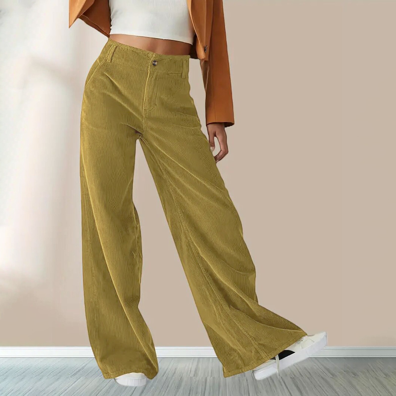 thumbnail image 3 of Pantalones anchos de pana vintage para mujer: cintura alta, parte trasera elástica, bolsillos laterales, corte recto para ropa informal, 3 of 6